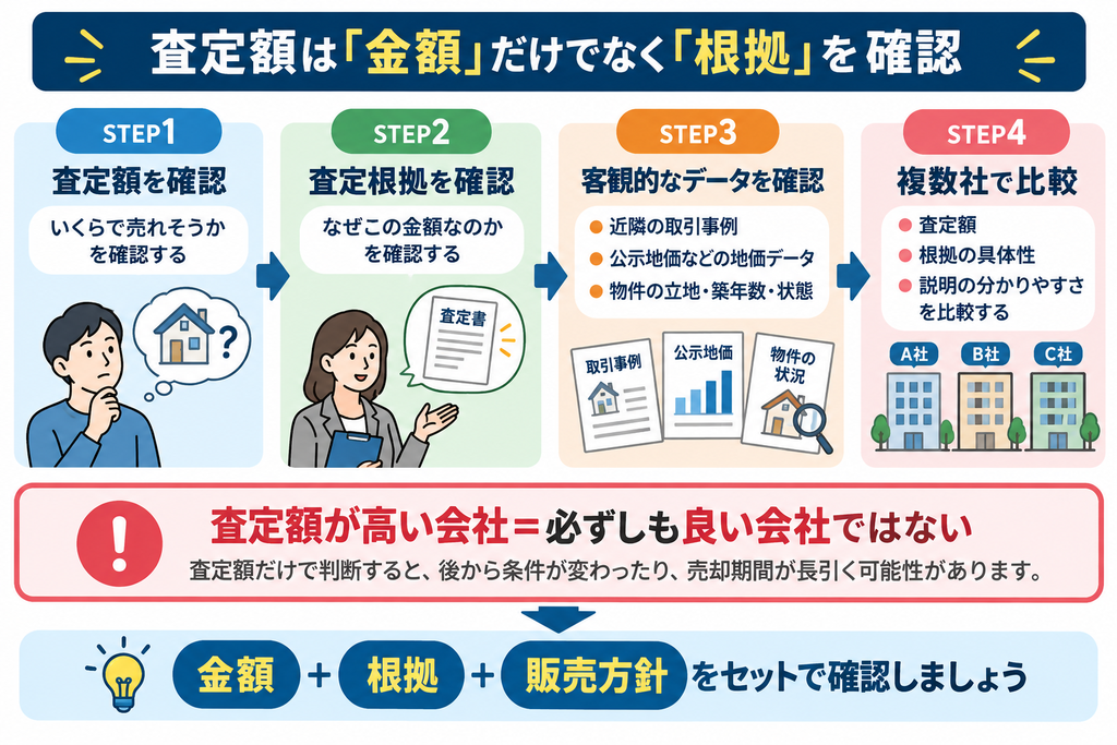 査定額を確認し、査定根拠や客観的なデータを確認したうえで複数社を比較する、不動産査定の4ステップを示した図解。金額だけでなく、根拠や販売方針もあわせて確認する重要性を解説している。