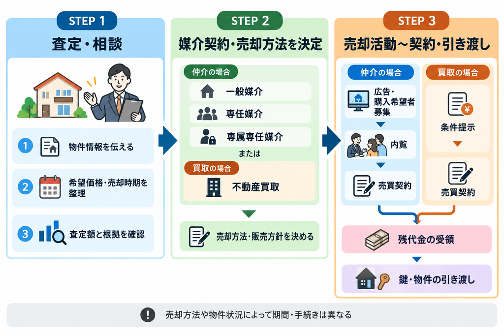 那覇市の不動産売却における査定・相談から媒介契約または買取を選び、売却活動・売買契約を経て残代金の受領と物件引き渡しまで進む3ステップの流れ